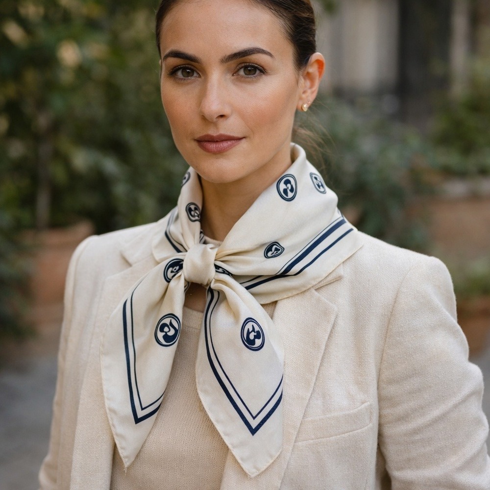 Elegant Cream Silk Logo Bandana Scarf - Neutral Cream